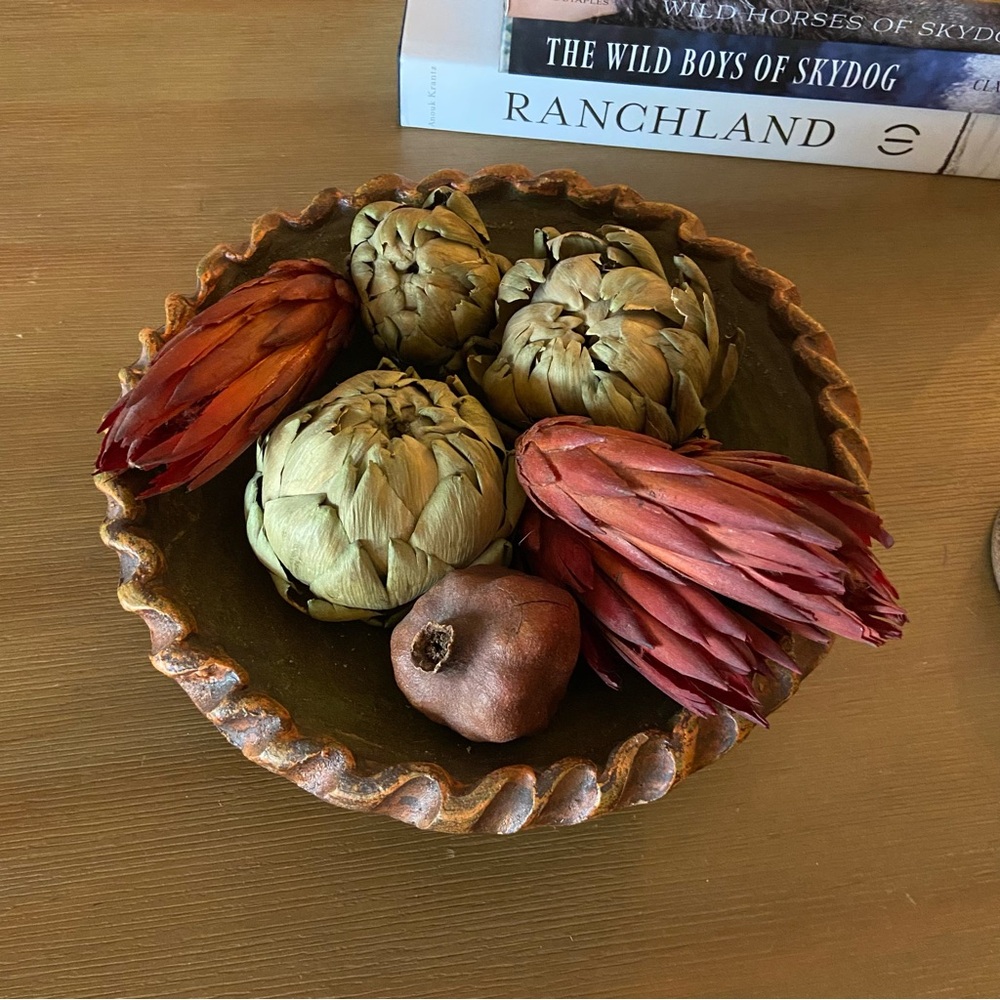 Plaster Bowl (HEAVY) Rattan + Dried Flowers/Veggies  Southwestern Desert Western